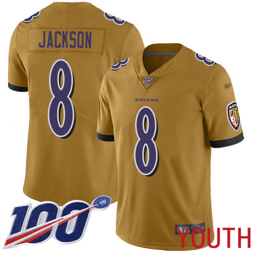 Baltimore Ravens Limited Gold Youth Lamar Jackson Jersey NFL Football #8 100th Season Inverted Legend->baltimore ravens->NFL Jersey
